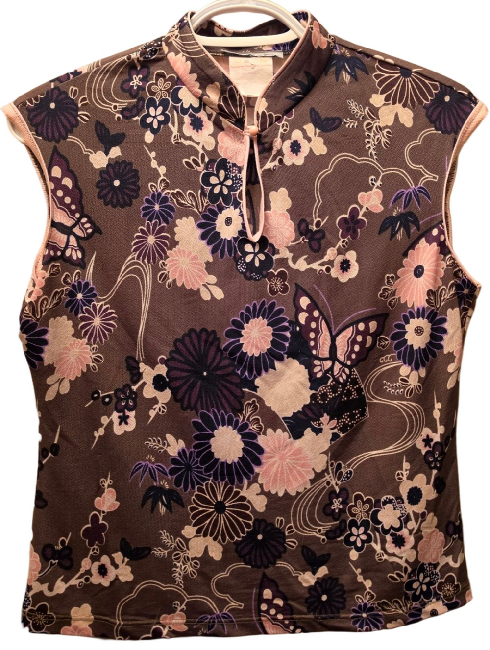 Y2K Made in Canada Floral Butterfly Mandarin Collar Mesh Top M-L